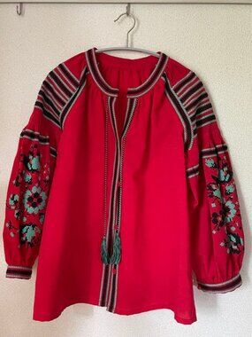 AKIRA Embroidered Boho Peasant Blouse Top with Tassels